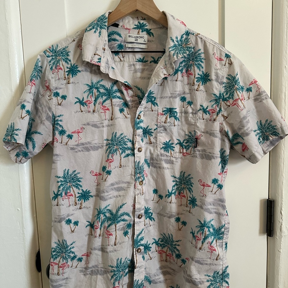 Billabong Men's Palm and Flamingo Print Shirt - White and Green